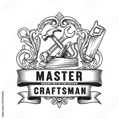Vintage Master Craftsman Emblem with Tools and Ornate Flourishes.