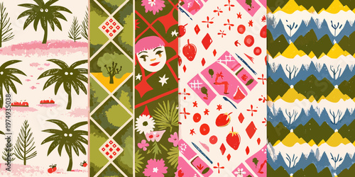 A colorful collection of patterned fabric swatches with botanical and face motifs