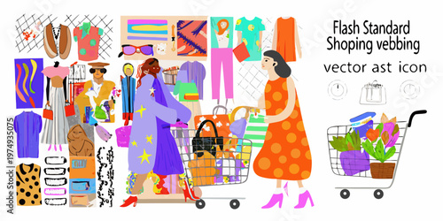Colorful illustration of a woman shopping with clothes and accessories