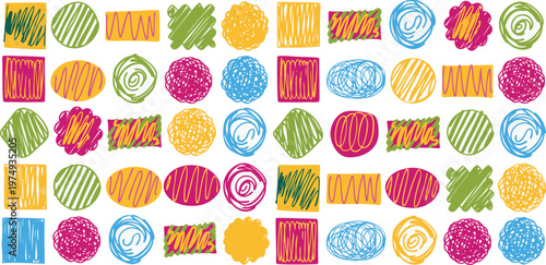 A collection of colorful hand-drawn shapes and patterns arranged in a structured grid formation Vector