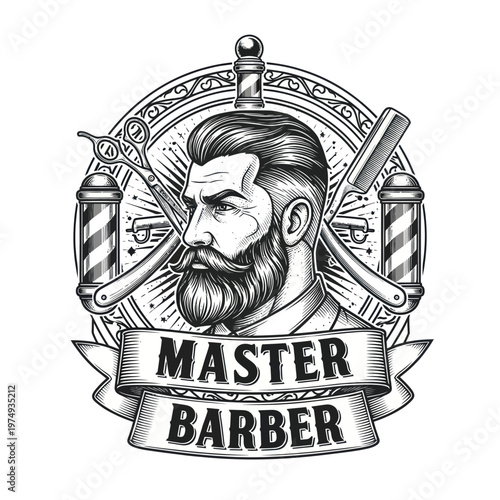 Master Barber Vintage Emblem with Scissors and Razor.