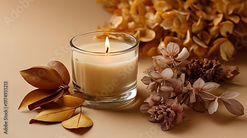 A candle and some dry flowers on a table isolated on white background