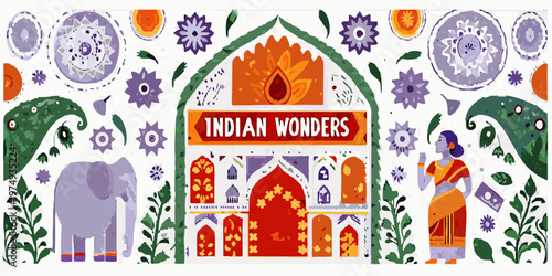 A colorful illustration showcasing indian culture featuring an elephant and woman