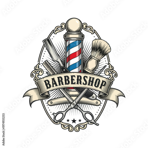 Vintage Barbershop Emblem with Classic Tools.