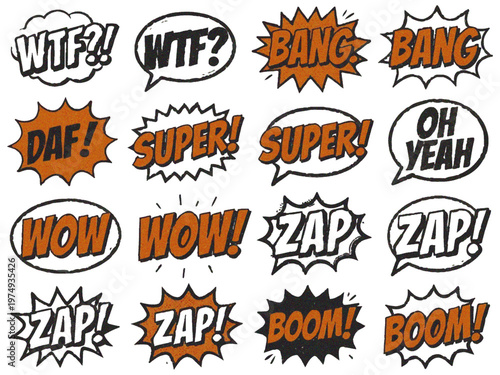 Comic book speech bubbles and pop art sound effects stickers on white background