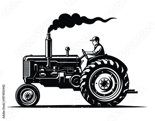 Title vintage farm tractor silhouette a classic agricultural scene with a farmer at the wheel description a striking black and white silhouette of an old fashioned