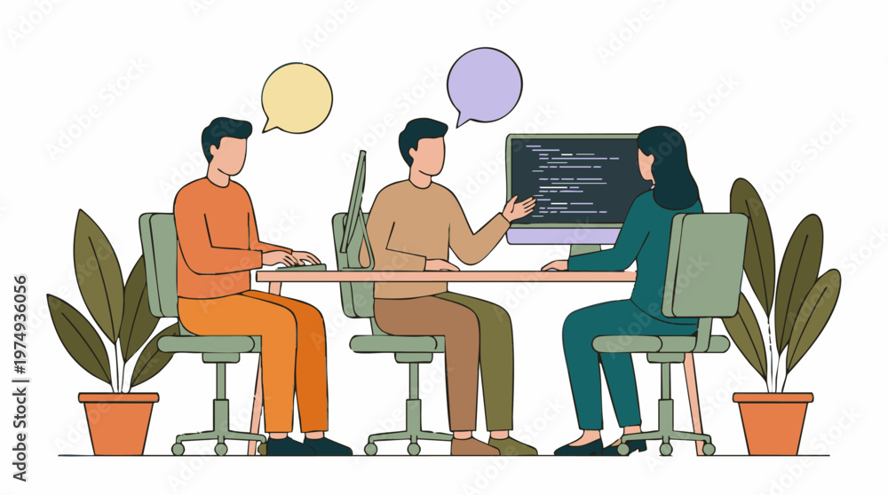 Fototapeta premium Software development team collaborating on a coding project at office desk
