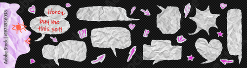 Speech bubble sticker dialogue box bundle kit. Set of white comic sheet torn with scribble talking balloons and girl face. Scrapbook paper piece idea crafts for collage on like transparent png bg