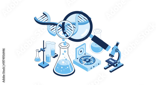 Isometric Biotechnology Research Laboratory Illustration Featuring DNA Helix, Microscope, Magnifying Glass, and Chemical Glassware for Scientific Discovery