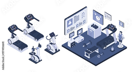Isometric Smart Gym Equipment Set and Modern Fitness Center Concept with Digital Health Monitoring Screens and Weight Training Gear