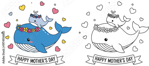 Whales and a dog riding on their backs with hearts floating around them, celebrating Mother's Day with banners.