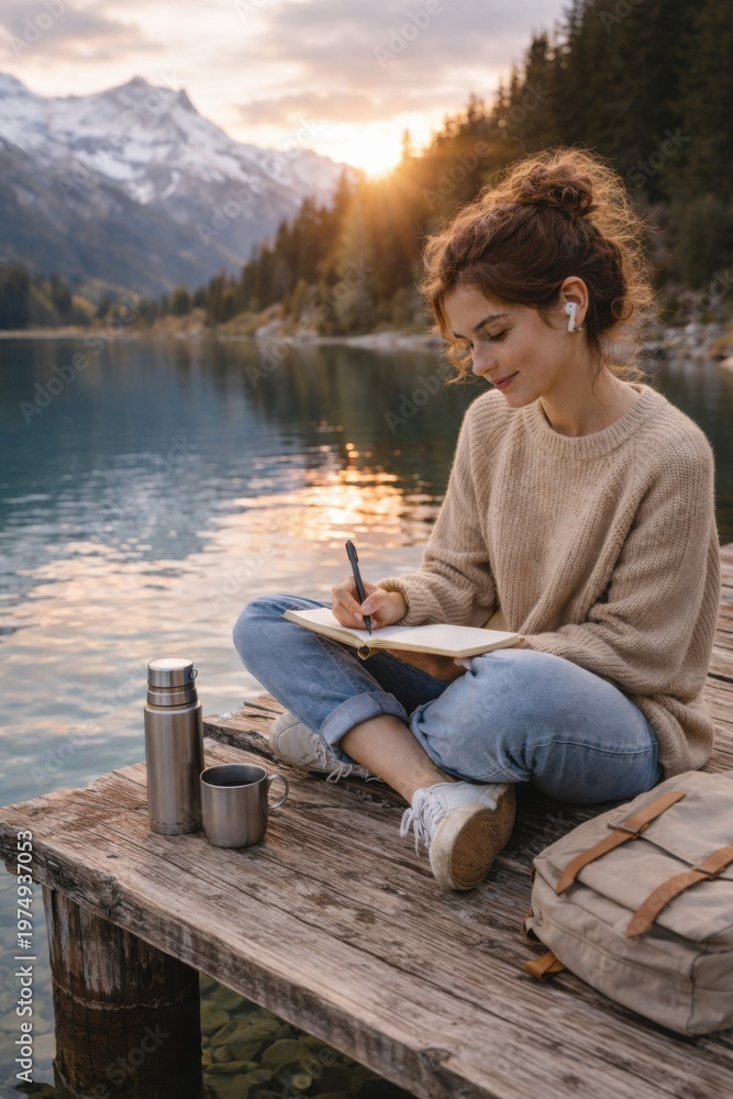 Fototapeta premium woman journaling by mountain lake at sunset with thermos and backpack