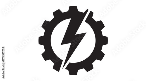 A black and white graphic illustration featuring a cogwheel with a lightning bolt symbol inside, representing power and industry.