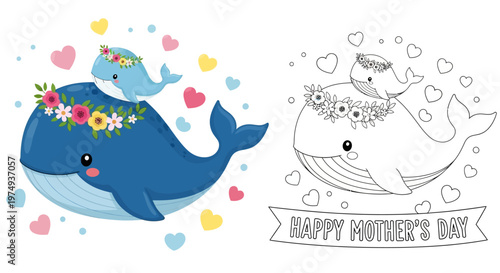 A mother whale and her calf celebrate Mother's Day with colorful hearts and flowers.