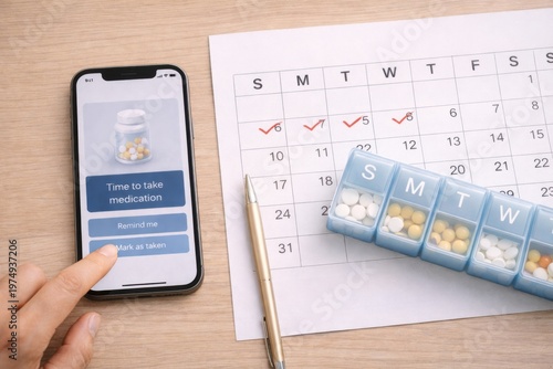 smartphone medication reminder beside calendar and weekly pill organizer