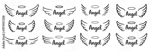angel wings hand drawn tattoo set vector