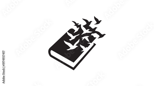 A black and white illustration of an open book with a flock of birds flying out of its pages, symbolizing freedom of thought and imagination.