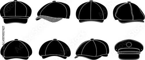Collection of Black Newsboy Caps and Flat Caps Vector Set with Baker Boy Hats and a Military Style Captain Hat