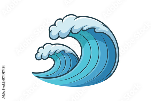 A vibrant cartoon illustration of a curling ocean wave with splashing water droplets ideal for design projects on transparent background.