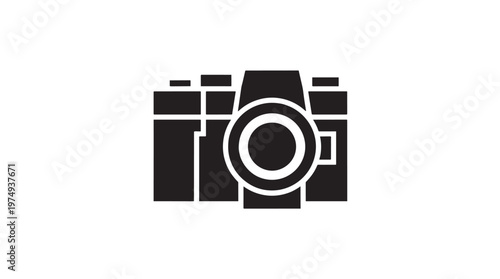 A minimalist black and white graphic illustration of a camera, featuring a prominent lens and body.