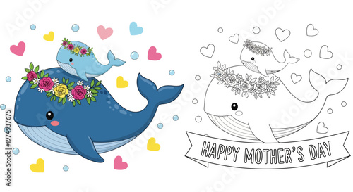 Mother and baby whales celebrate Happy Mother's Day with hearts and flowers
