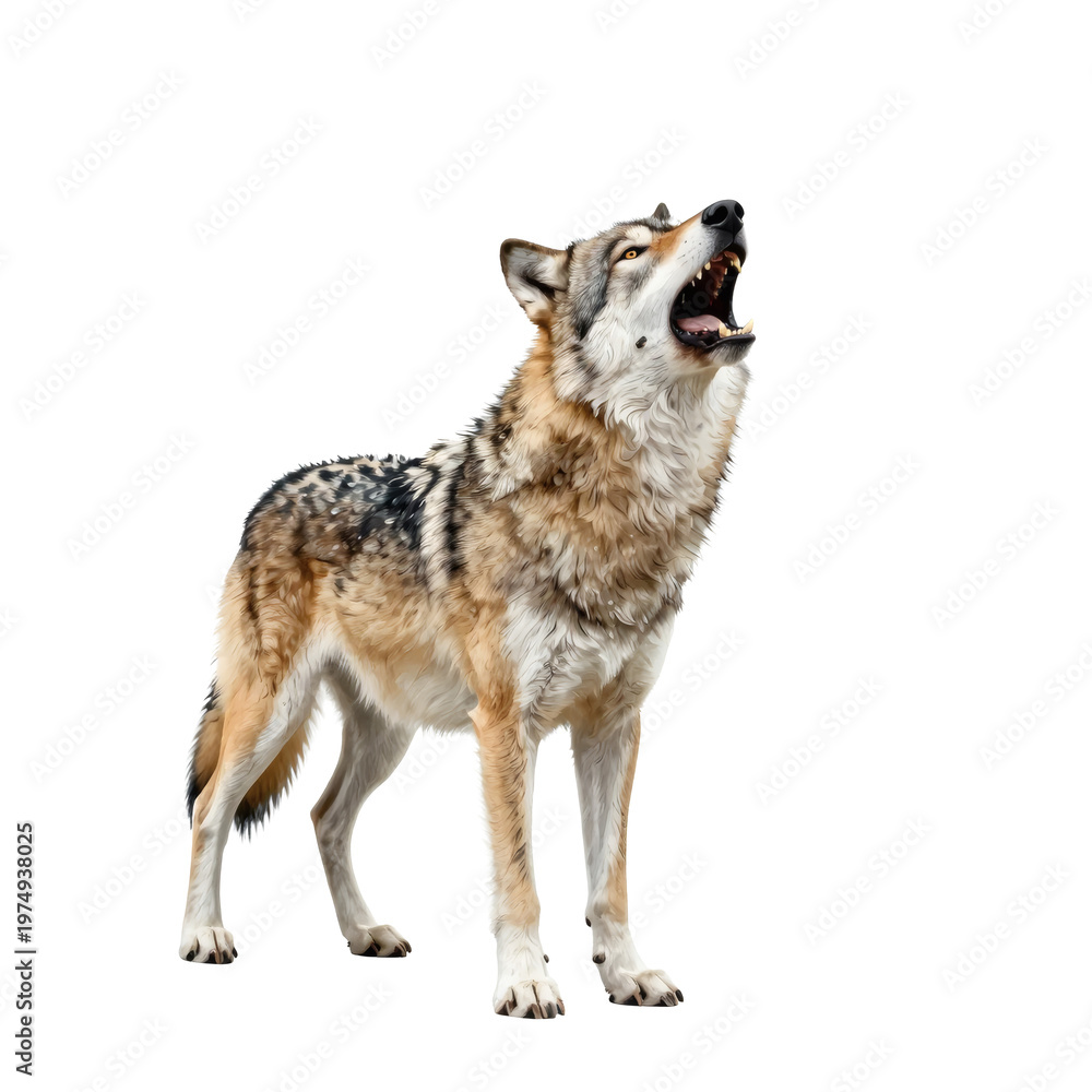 Fototapeta premium Majestic wolf standing and howling with open mouth on a white background