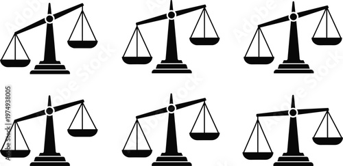justice scales vector icon set, law balance symbol illustration, legal equality concept, court judiciary emblem flat silhouette design