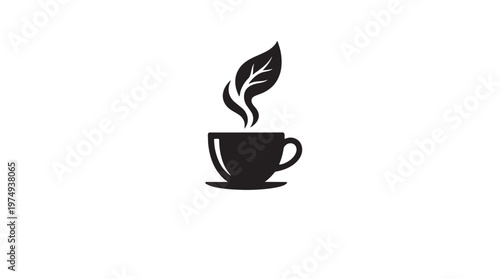 A minimalist black silhouette of a steaming teacup with a leaf design rising from the steam.