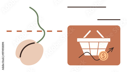 Economic growth, agriculture, e-commerce, investment, sustainability, market analysis. A sprouting seed and shopping basket with a rising arrow symbol. Economic growth and agriculture