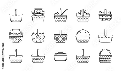 Picnic Basket Line Icon Set Woven Fruit Basket Outline Vector Collection Editable Stroke