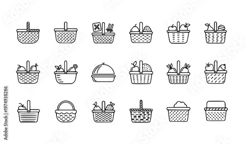 Picnic and Fruit Basket Thin Line Icons Woven Basket Vector Collection