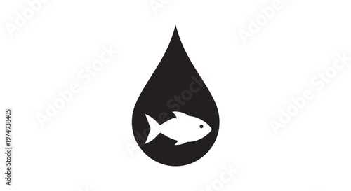 A stylized black droplet containing a white silhouette of a fish, symbolizing water pollution or aquatic life.