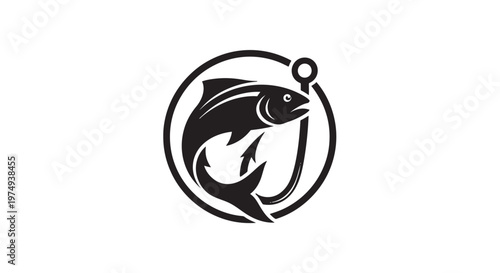 A striking black and white graphic illustration of a fish caught on a fishing hook within a circular frame.