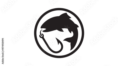 A black and white circular logo featuring a stylized fish leaping over a fishing hook, symbolizing fishing and outdoor activities.