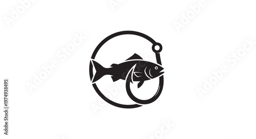 A black and white illustration of a fish caught on a fishing hook inside a circular frame, symbolizing fishing and the outdoors.