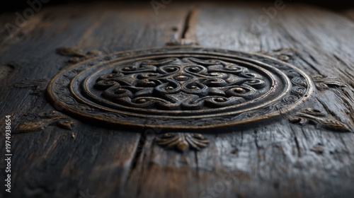 An ornate circle carved into the wooden surface of an old table or door, with intricate carvings and symbols.