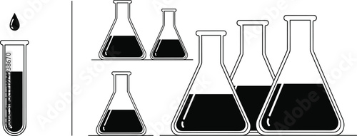 Laboratory glassware set with test tube and flasks, chemistry experiment concept, minimalist black white vector illustration, scientific research equipment design