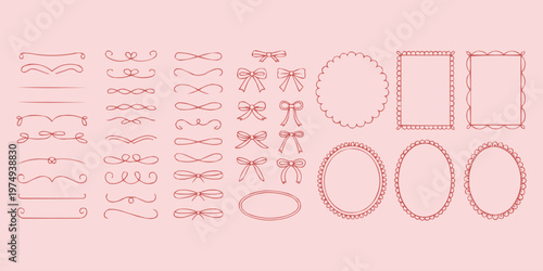 Charming collection of hand-drawn doodle design elements including ornate dividers, elegant bows, and various frames, perfect for invitations or digital crafts.
