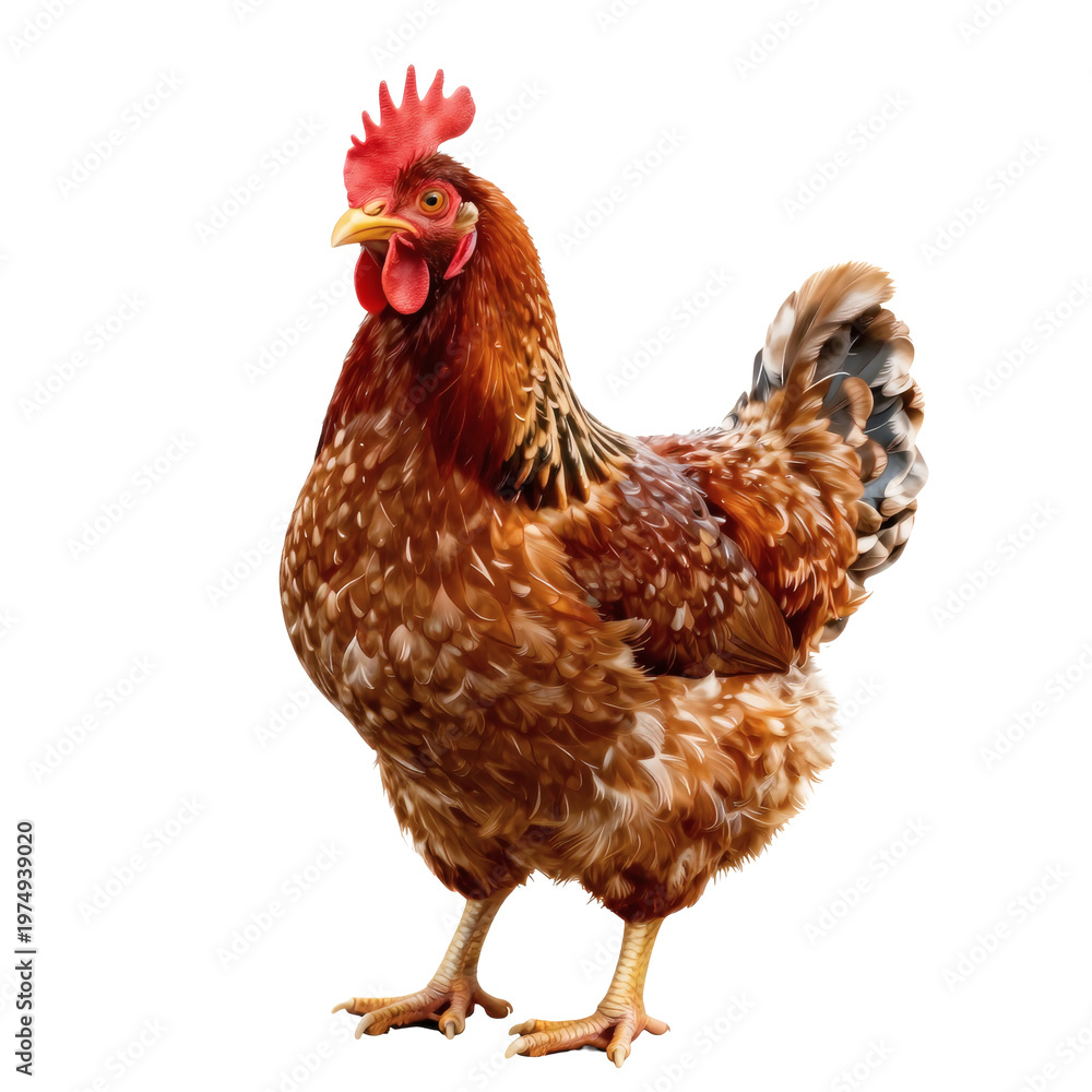 Fototapeta premium Beautiful hen stands majestically in the light against a white background