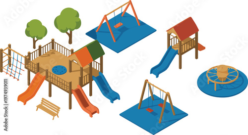 Isometric playground equipment set with slides swings and climbing structures vector illustration for park design