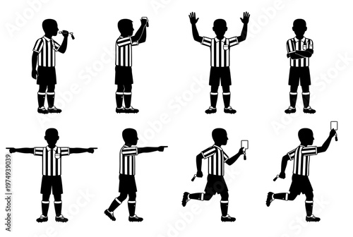 Referee poses various actions on field with gestures and cards