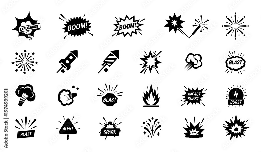 Obraz premium Modern explosion icons collection with burst fireworks spark and comic boom symbols filled vector isolated on white