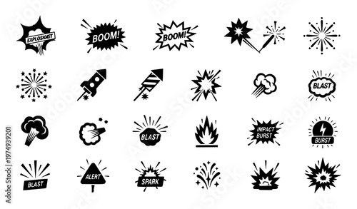 Modern explosion icons collection with burst fireworks spark and comic boom symbols filled vector isolated on white