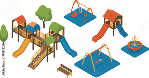 Isometric playground equipment with slides swings and climbing structures vector illustration for park and recreation design
