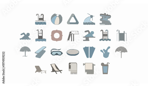 Elegant pool icons set with beach ball waterslide swimmer and summer water symbols premium filled and outline vector isolated on white