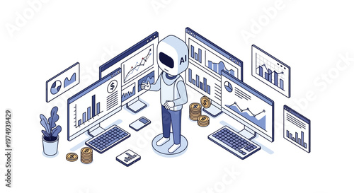 Artificial Intelligence Robot Managing Financial Data and Stock Market Analysis on Digital Dashboards - Isometric Illustration
