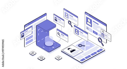 Isometric Recruitment and Talent Acquisition Illustration featuring Digital User Profiles and Data Scanning Interface for Human Resources Technology