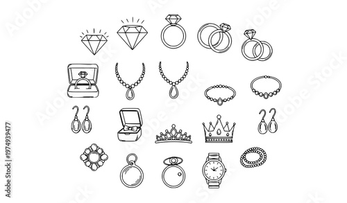 Elegant jewelry outline icons set with diamond ring necklace and luxury accessories premium vector isolated on white