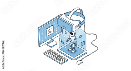 Isometric Artificial Intelligence and Virtual Reality Concept Illustration with Robot and VR Goggles on White Background