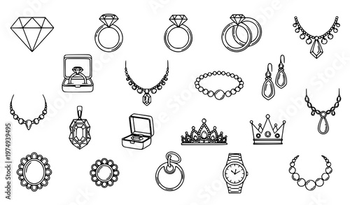 Modern jewelry icons collection with diamond ring necklace and luxury fashion accessories outline vector isolated on white